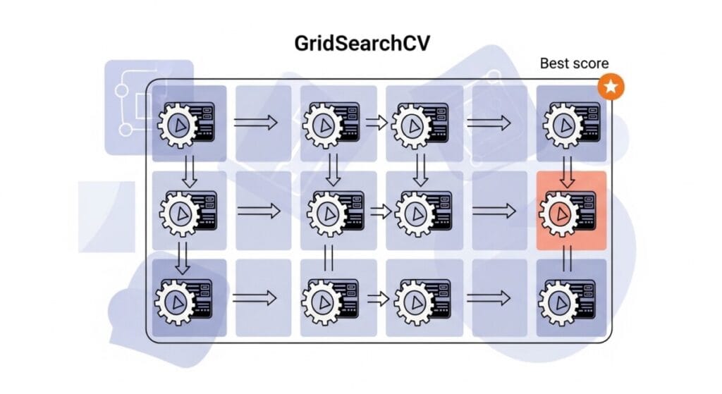 GridSearchCV의 작동 방식을 개념적으로 보여주는 일러스트레이션. 여러 하이퍼파라미터 조합으로 이루어진 그리드에서 모델이 최적의 조합을 찾아내는 과정을 시각화합니다.