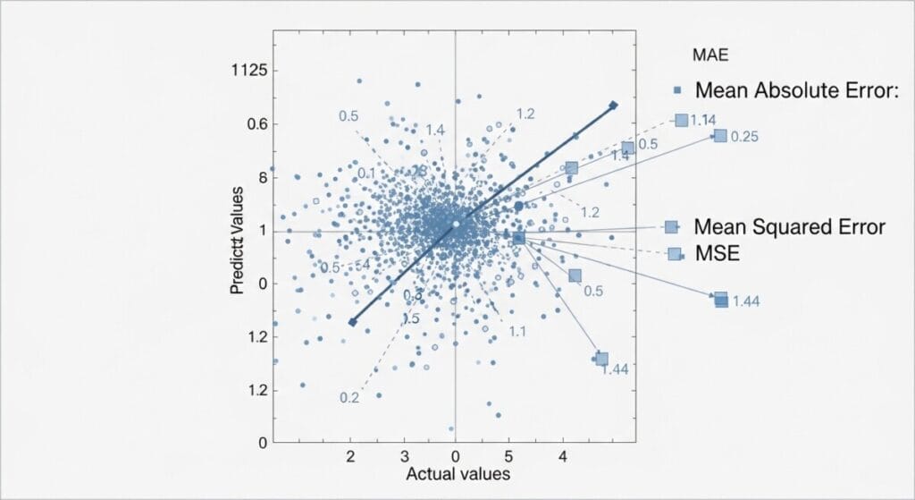 실제 값과 예측 값을 비교하는 회귀 그래프와 MAE, MSE 등 오차를 시각화한 그림