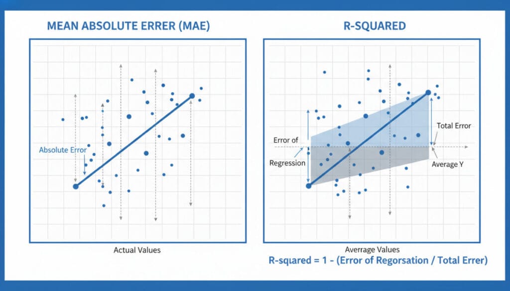 회귀선과 데이터 포인트 사이의 절대 오차를 시각적으로 보여주는 그래프와 함께 R-squared의 모델 설명력을 나타내는 시각화.